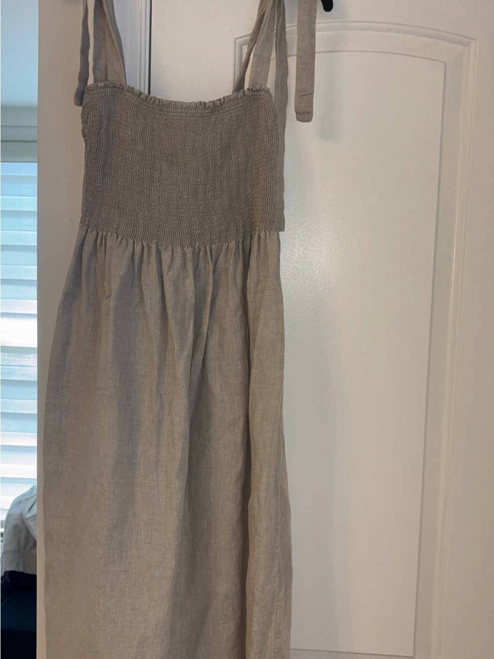 Wilfred Cream Linen Smocked Maxi Skirt with Tie Straps